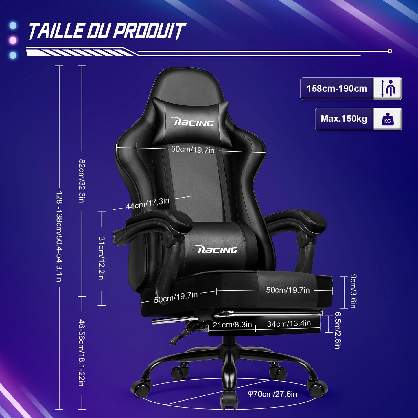 Fauteuil de jeu ergonomique avec repose-pieds